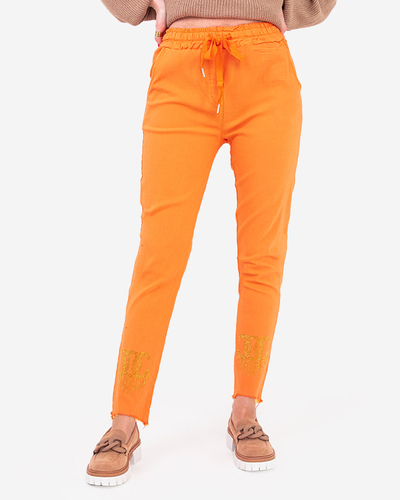 Orange fabric women's pants with cubic zirconia - Clothing