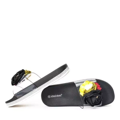 OUTLET Black slippers with decorative flowers Novia - Footwear