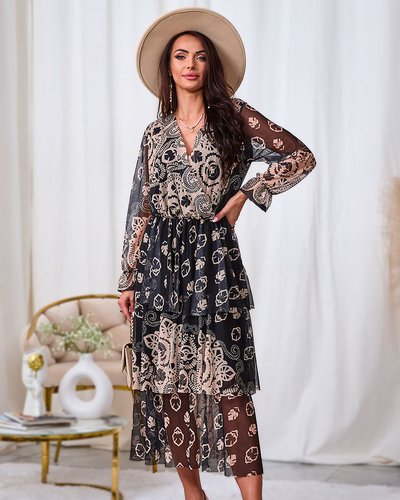 Royalfashion Melnbalts un bēšs sieta midi kleita ar apdruku