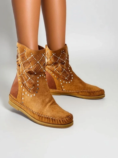 Royalfashion Sieviešu potītes botas ar zemu vieda un kniedēm Indijas stilā