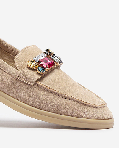 Eko zamšādas gaiši brūni sieviešu mokasīni ar dekoratīviem kristāliem Nellens- Footwear
