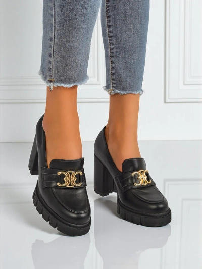 Women's Nero Aurora block heel pumps with a gold buckle, eco leather