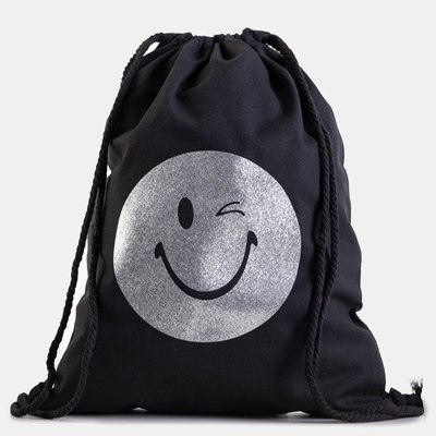 Black bag-type backpack with glitter emoticon print - Accessories