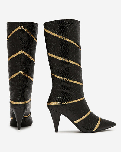 Black and gold women's stiletto heeled boots with embossed stripes Felifea- Footwear