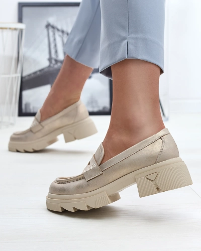 Gold women's eco leather moccasins Sepop- Footwear
