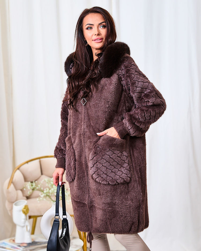 Royalfashion Brūns sieviešu kažokādas imitācijas mētelis