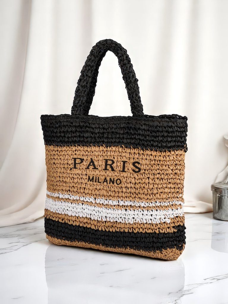 Large Women's Straw Bag, Paris Stripe