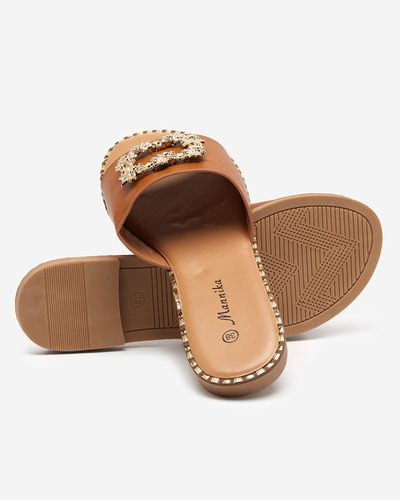 Light brown women's elegant slippers with golden decoration Meriso - Footwear