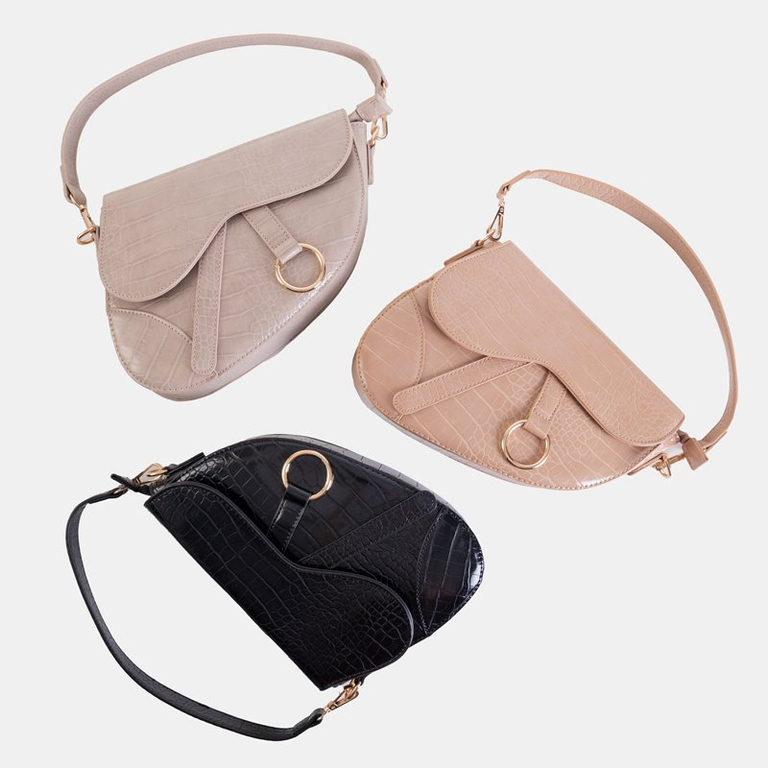 Black women's saddle bag a'la crocodile skin - Accessories