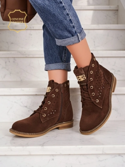 Aurelia Brown Suede Ankle Boots with Fur, Openwork, Elegant, 2.5cm