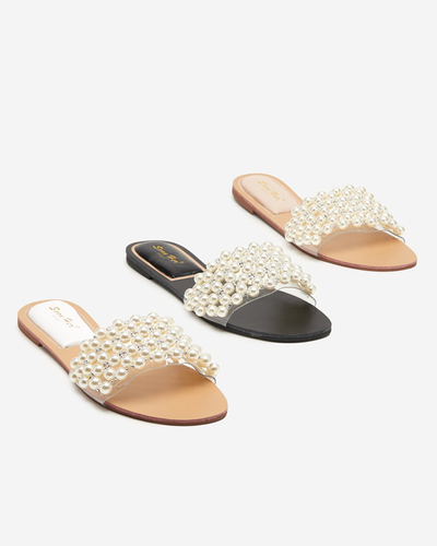 Women's white slippers with pearls Faldei. Footwear