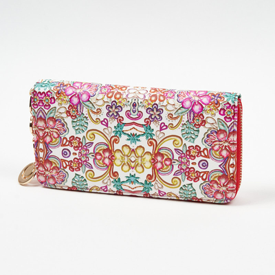 Large white and red women's wallet with a floral pattern - Accessories