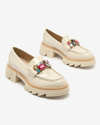 Royalfashion Lacquered cream moccasins with colorful stones Sarin