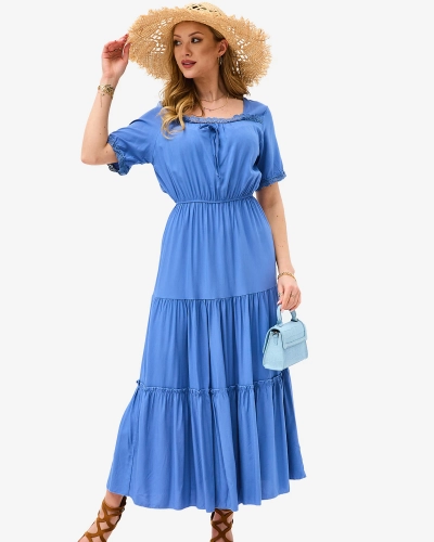 Blue long women's dress with short sleeves- Clothing