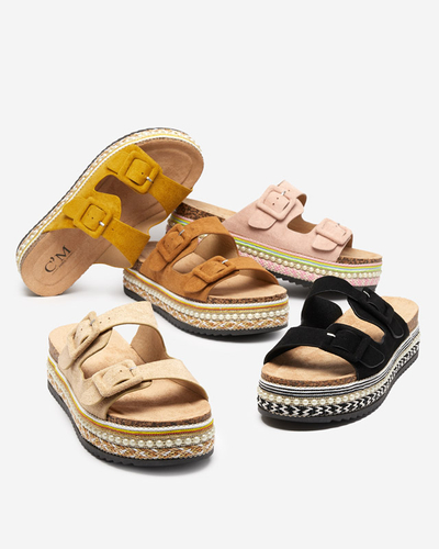 Women's mustard slippers on a thick Carisno sole - Footwear