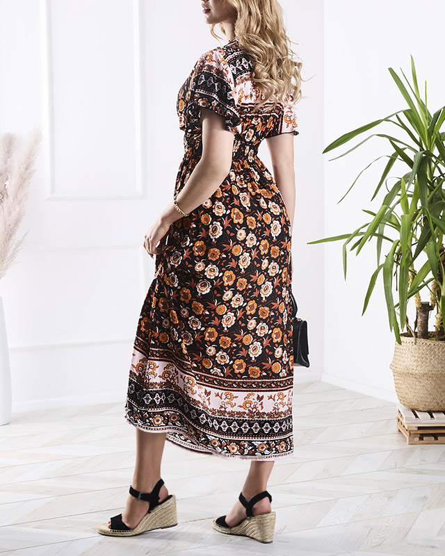 Women's floral maxi dress in black and orange - Clothing