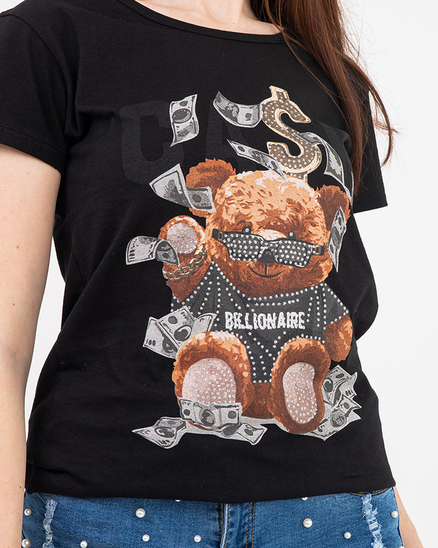 Black women's t-shirt with a teddy bear print - Clothing