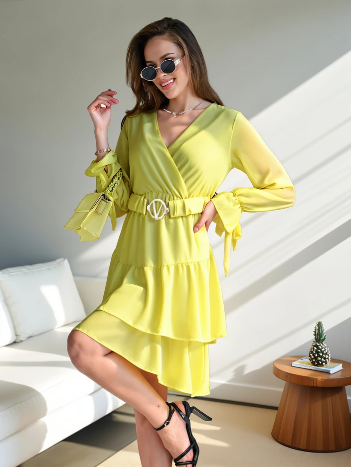 Royalfashion Women's mini dress with ruffles and wrap neckline