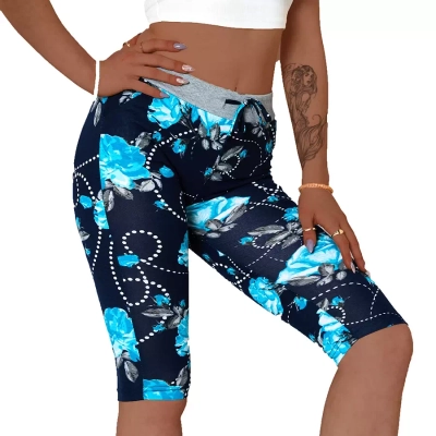 Navy blue women's 3/4 length shorts with blue flowers PLUS SIZE - Clothing