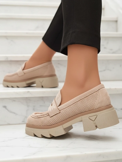Бежевые женские ажурные мокасины на сплошной подошве Ejina - Обувь