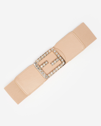 Beige Women's Wide Elastic Belt with Cubic Zirconia - Accessories