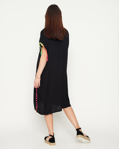 Women's black summer beach tunic with pompoms - Clothing