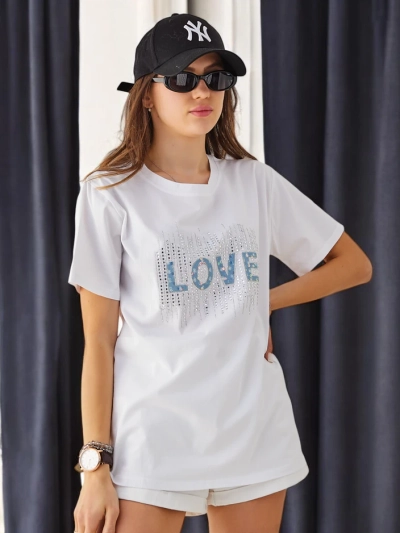 Royalfashion Women's Cotton T-shirt LOVE with rhinestones