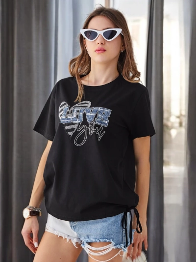 Royalfashion Women's Cotton T-shirt LOVE with rhinestones