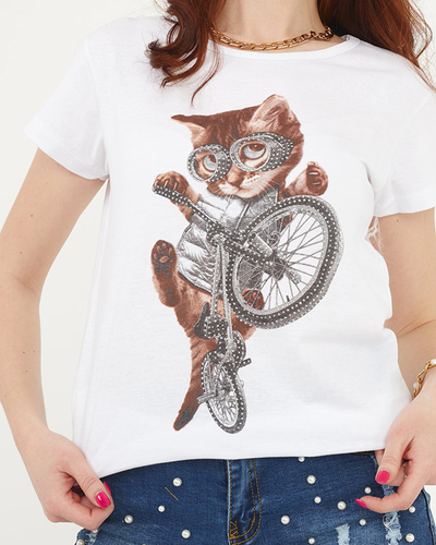 White women's t-shirt with a cat's print - Clothing