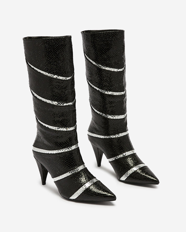 Black and silver women's stiletto heeled boots with embossed stripes Felifea- Footwear