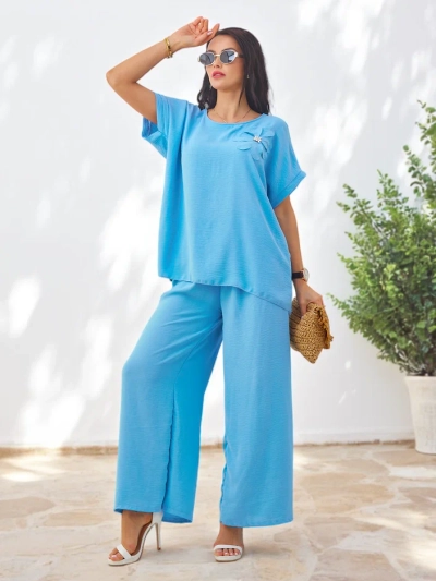 Royalfashion Women's set with short sleeves, decorative flower, and wide pants