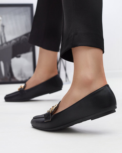 Black women's moccasins with embossing and chain on the toe by Kedis - Footwear