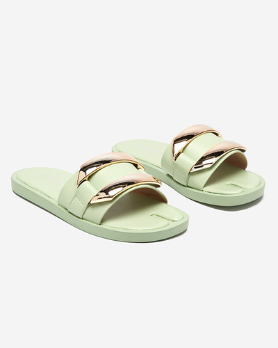 Green women's slippers with a large golden ornament Kedino - Footwear