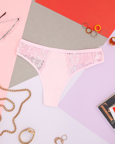 Pink cotton women's thongs with decorative lace - Underwear