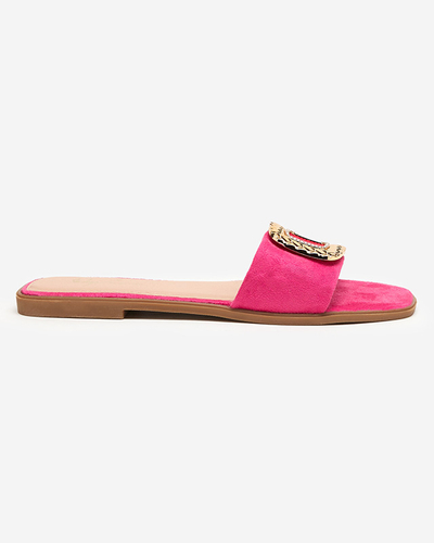 OUTLET Fuchsia sieviešu eko zamšādas čības ar zelta sprādzi Lozi. Apavi