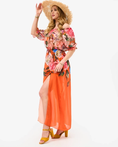 Orange women's long dress with floral lining - Clothing