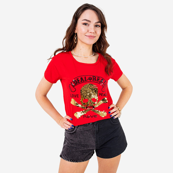 Red women's sequin t-shirt with inscriptions - Clothing