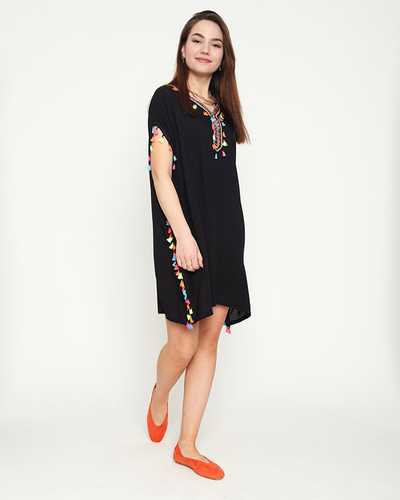 Women's black summer beach tunic with fringes - Clothing