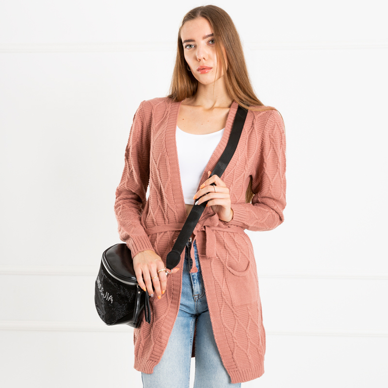 Pink Women's Tied Cardigan with Pockets - Clothing