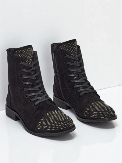 Eko zamszowe sznurowane botki damskie z cyrkoniami Marvelli