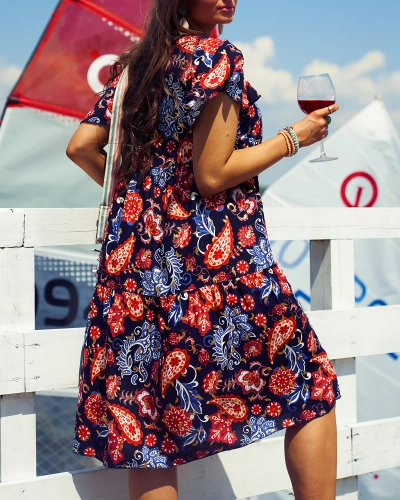 Royalfashion Navy blue women's dress with colorful floral pattern