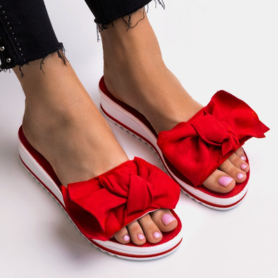 Red women's flip-flops on low heel with bow Nelesa - Footwear