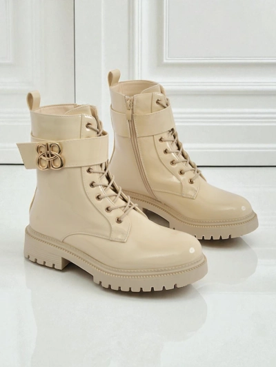 Beige Ariadne eco-leather ankle boots with a zipper, round toe, stylish