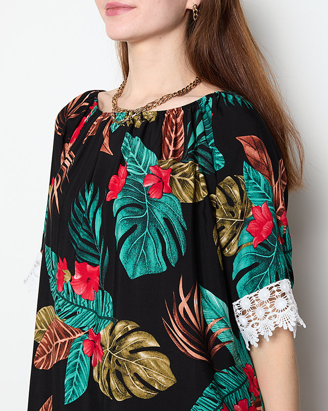 Women's black blouse with flowers PLUS SIZE - Clothing