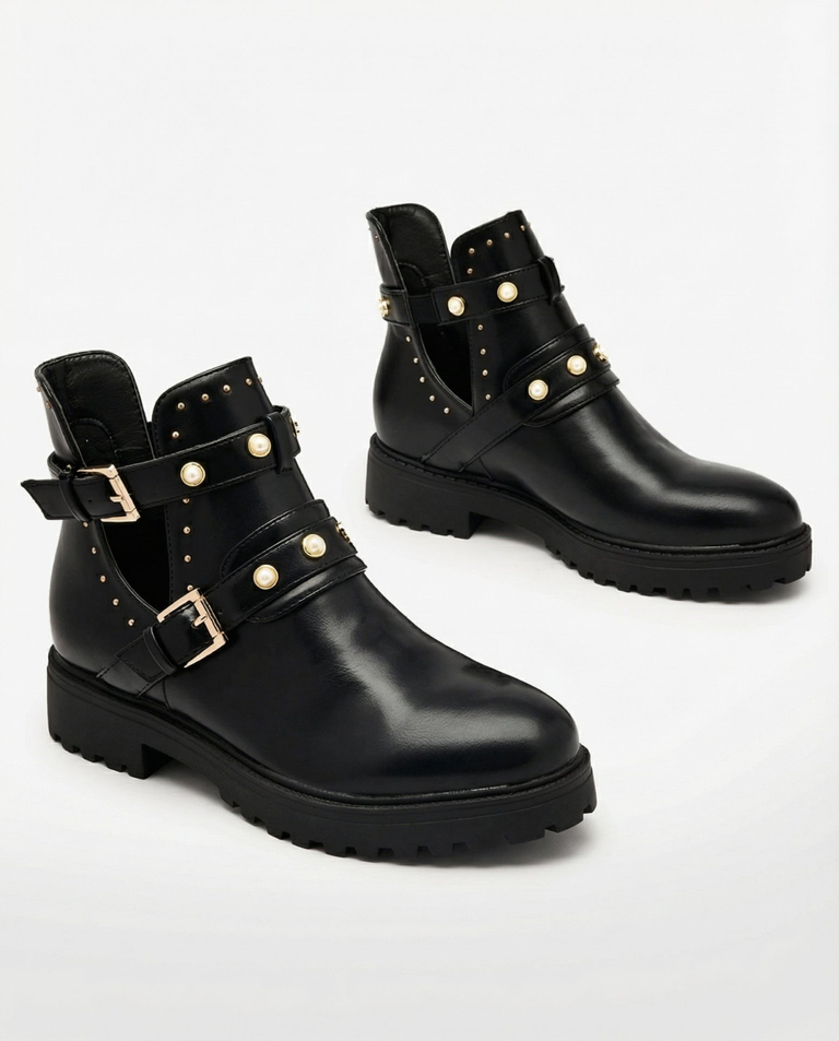 Royalfashion Черные женские украшенные сапоги на плоском каблуке Pearl Elegance