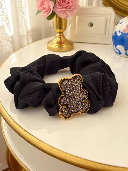 Royalfashion Hair scrunchie with decorative teddy bear Satin Teddy