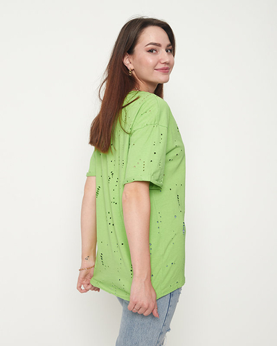 Green cotton women's t-shirt with decorative holes - Clothing