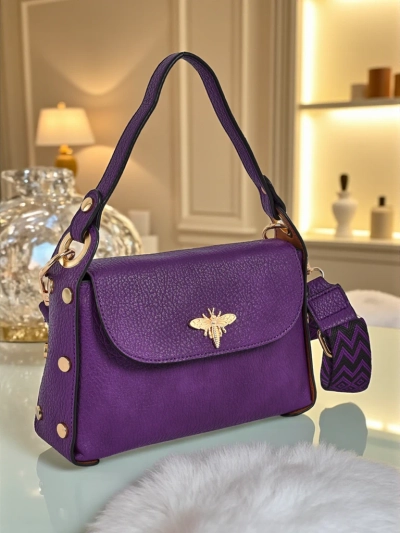 Hera Viola women's handbag, purple eco-leather with bee decoration