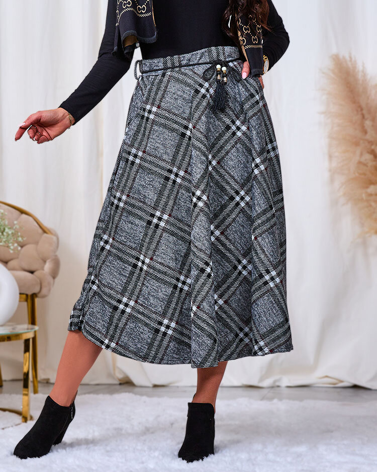 Royalfashion Women's gray and red long plaid skirt