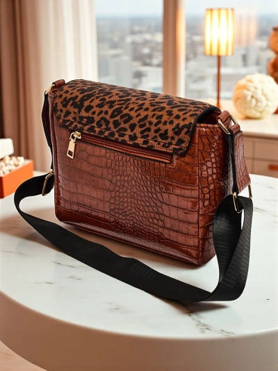 Ariadne Camel Croco Handbag with Panther Flap – Stylish Messenger Bag